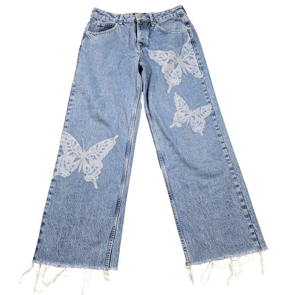 ASOS DESIGN Jeans Womens W30 L32 Light Wash High Rise Wide Leg Butterfly Denim